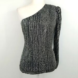 Parker One Shoulder Silver Sequined Black‎ Lined Blouse Y2K Party